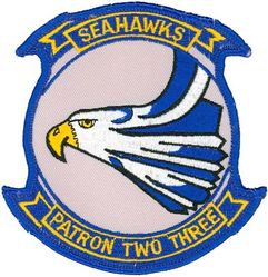 Patrol Squadron 23 (VP-23) (3rd)
Established as Weather Reconnaissance Squadron THREE (VPW-3) on 17 May 1946. Redesignated Meteorology Squadron THREE (VPM-3) on 15 Nov 1946; Heavy Patrol Squadron (Landplane) THREE (VP-HL-3) on 8 Dec 1947, the second squadron to be assigned the VP-HL-3 designation. Redesignated Patrol Squadron TWENTY THREE (VP-23) (3rd) “Seahawks” on 1 Sep 1948. Disestablished on 28 Feb 1995.

Lockheed P-3C UII Orion

Insignia (3rd) approved on 1 Jul 1985.

