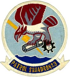 Patrol Squadron 23 (VP-23) (3rd)
Established as Weather Reconnaissance Squadron THREE (VPW-3) on 17 May 1946. Redesignated Meteorology Squadron THREE (VPM-3) on 15 Nov 1946; Heavy Patrol Squadron (Landplane) THREE (VP-HL-3) on 8 Dec 1947, the second squadron to be assigned the VP-HL-3 designation. Redesignated Patrol Squadron TWENTY THREE (VP-23) (3rd) “Seahawks” on 1 Sep 1948. Disestablished on 28 Feb 1995.

Lockheed P-2V-5/7/7S (SP-2H) Neptune

Insignia (2nd) approved on 5 Mar 1953.
Japanese made.
 


