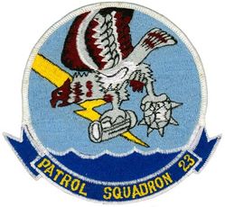 Patrol Squadron 23 (VP-23) (3rd)
Established as Weather Reconnaissance Squadron THREE (VPW-3) on 17 May 1946. Redesignated Meteorology Squadron THREE (VPM-3) on 15 Nov 1946; Heavy Patrol Squadron (Landplane) THREE (VP-HL-3) on 8 Dec 1947, the second squadron to be assigned the VP-HL-3 designation. Redesignated Patrol Squadron TWENTY THREE (VP-23) (3rd) “Seahawks” on 1 Sep 1948. Disestablished on 28 Feb 1995.

Lockheed P-3B Orion

Insignia (2nd) approved on 5 Mar 1953.
Japanese made.

