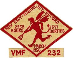 Marine Fighter Squadron 232 (VMF-232) USN & USMC Jet Record
Established as Fighting Squadron 3M (VF-3M) on 1 Sep 1925. Redesignated Fighting Squadron 10M (VF-10M) on 1 Jul 1927; Fighting Squadron 6M (VF-6M) on 1 Jul 1928; Fighting Squadron 10M (VF-10M) on 1 Jul 1930; Fighting Squadron 4M (VF-4M) on 1 Jul 1933; Marine Bombing Squadron 2 (VMB-2) on 1 Jul 1937; Marine Scout Bombing Squadron 232 (VMSB-232) on 1 Jul 1941; Marine Torpedo Bombing Squadron 232 (VMTB-232) on 1 Jun 1943. Disestablished on 16 Nov 1945. Reestablished in the USMCR as Marine Fighting Squadron 232 (VMF-232) on 3 Jul 1948; Marine Fighting Squadron (All Weather) 232 (VMF(AW)-232) on 1 Mar 1965; Marine Fighter Attack Squadron 232 (VMFA-232) on 8 Sep 1967-.

North American FJ-4 Fury, 1954-1959

In March 1956, VMF 232 set a "till that time" record of 2558 flight hours and 1571 sorties in one month.

