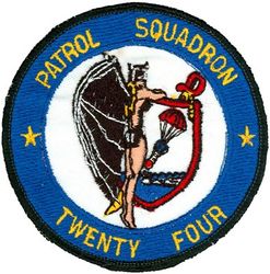 Patrol Squadron 24 (VP-24) 
Established as Bombing Squadron ONE HUNDRED FOUR (VB-104) on 10 Apr 1943. Redesignated Patrol Bombing Squadron ONE HUNDRED FOUR (VPB-104) on 1 Oct 1944; Patrol Squadron ONE HUNDRED FOUR (VP-104) on 15 May 1946; Redesignated Heavy Patrol Squadron (Landplane) FOUR (VP-HL-4) on 15 Nov 1946; Patrol Squadron TWENTY FOUR (VP-24) (3rd) “Batmen” on 1 Sep 1948; Attack Mining Squadron THIRTEEN (VA-HM-13) on 1 Jul 1956; Redesignated Patrol Squadron TWENTY FOUR (VP-24) on 1 Jul 1959. Disestablished on 30 Apr 1995.

Lockheed P-3C/C UIIIR Orion

Insignia approved on 23 Jan 1951.
USA made.


