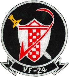 Fighter Squadron 24 (VF-24)
Established as Fighter Squadron TWO HUNDRED ELEVEN (VF-211) () on 15 Sep 1948. Disestablished on 16 May 1949. Reestablished on 1 Jul 1955. Redesignated Fighter Squadron TWENTY  FOUR (VF-24) (3rd) “Checkertails” on 9 Mar 1959. Redesignated Fighter Squadron TWO HUNDRED FOURTEEN (VF-214) on 1 Sep 1964; Fighter Squadron TWENTY  FOUR (VF-24) 17 Sep 1964. Disestablished on 31 Aug 1996.

North American FJ-3 Fury, 1955-1957
Vought F8U-1/2/F-8H/J Crusader, 1957-1975
Grumman F-14A Tomcat, 1976-1996

Deployments:
15 Aug 1959-25 Mar 1960, USS Midway	(CVA-41) CVG-2, F8U-1, WestPac
15 Feb 1961-28 Sep 1961, USS Midway (CVA-41) CVG-2, F8U-2, WestPac	
6 Apr 1962-20 Oct 1962, USS Midway (CVA-41) CVG-2, F8U-2, WestPac	
8 Nov 1963-26 May 1964, USS Midway (CVA-41) CVG-2, F-8C, WestPac
10 Nov 1965-1 Aug 1966, USS Hancock (CVA-19), CVW-21, F-8C, WestPac/Vietnam
26 Jan 1967-25 Aug 1967, USS Bon Homme Richard (CVA-31), CVW-21, F-8C, WestPac/Vietnam 	
18 Jul 1968-3 Mar 1969, USS Hancock (CVA-19), CVW-21	, F-8H, WestPac/Vietnam	
2 Aug 1969-15 Apr 1970, USS Hancock (CVA-19), CVW-21, F-8H, WestPac/Vietnam	
22 Oct 1970-3 Jun 1971, USS Hancock (CVA-19), CVW-21, F-8J, WestPac/Vietnam	
7 Jan 1972-3 Oct 1972, USS Hancock (CVA-19), CVW-21, F-8J, WestPac/Vietnam	
8 May 1973-8 Jan 1974, USS Hancock (CVA-19), CVW-21, F-8J, WestPac/Vietnam	
18 Mar 1975-20 Oct 1975, USS Hancock (CVA-19), CVW-21, F-8J, WestPac/Vietnam	
12 Apr 1977-21 Nov 1977, USS Constellation (CV-64), CVW-9, F-14A, WestPac	
26 Sep 1978-17 May 1979, USS Constellation (CV-64), CVW-9, F-14A, WestPac/Indian Ocean	
26 Feb 1980-15 Oct 1980, USS Constellation (CV-64), CVW-9, F-14A, WestPac/Indian Ocean	
20 Oct 1981-23 May 1982, USS Constellation (CV-64), CVW-9, F-14A, WestPac/Indian Ocean
15 Jul 1983-29 Feb 1984, USS Ranger (CV-61), CVW-9, F-14A, Central America/WestPac/Indian Ocean
24 Jul 1985-21 Dec 1985, USS Kitty Hawk (CV-63), CVW-9, F-14A, WestPac/Indian Ocean
3 Jan 1987-3 Jul 1987, USS Kitty Hawk (CV-63), CVW-9, F-14A, World Cruise	
2 Sep 1988-4 Mar 1989, USS Nimitz (CVN-68), CVW-9, F-14A, WestPac/Indian Ocean/Arabian Gulf
15 Jun 1989-9 Jul 1989, USS Nimitz (CVN-68), CVW-9, F-14A, NorPac	
25 Feb 1991-24 Aug 1991, USS Nimitz (CVN-68), CVW-9, F-14A, WestPac/Indian Ocean/Arabian Gulf	
2 Feb 1993-29 Jul 1993, USS Nimitz (CVN-68), CVW-9, F-14A, WestPac/Indian Ocean/Arabian Gulf
27 Nov 1995 20 May 1996, USS Nimitz (CVN-68), CVW-9, F-14A, WestPac/Indian Ocean/Arabian Gulf

Deployments:
15 Aug 1959-25 Mar 1960, USS Midway	(CVA-41) CVG-2, F8U-1	
15 Feb 1961-28 Sep 1961, USS Midway (CVA-41) CVG-2, F8U-2	
6 Apr 1962-20 Oct 1962, USS Midway (CVA-41) CVG-2, F8U-2	
8 Nov 1963-26 May 1964, USS Midway (CVA-41) CVG-2, F-8C
10 Nov 1965-1 Aug 1966, USS Hancock (CVA-19), CVW-21, F-8C	
26 Jan 1967-25 Aug 1967, USS B. H. Richard (CVA-31), CVW-21, F-8C	
18 Jul 1968-3 Mar 1969, USS Hancock (CVA-19), CVW-21	, F-8H	
2 Aug 1969-15 Apr 1970, USS Hancock (CVA-19), CVW-21, F-8H	
22 Oct 1970-3 Jun 1971, USS Hancock (CVA-19), CVW-21, F-8J	
7 Jan 1972-3 Oct 1972, USS Hancock (CVA-19), CVW-21, F-8J	
8 May 1973-8 Jan 1974, USS Hancock (CVA-19), CVW-21, F-8J	
18 Mar 1975-20 Oct 1975, USS Hancock (CVA-19), CVW-21, F-8J	
12 Apr 1977-21 Nov 1977, USS Constellation (CV-64), CVW-9, F-14A	
26 Sep 1978-17 May 1979, USS Constellation (CV-64), CVW-9, F-14A	
26 Feb 1980-15 Oct 1980, USS Constellation (CV-64), CVW-9, F-14A	
20 Oct 1981-23 May 1982, USS Constellation (CV-64), CVW-9, F-14A 
15 Jul 1983-29 Feb 1984, USS Ranger (CV-61), CVW-9, F-14A	
24 Jul 1985-21 Dec 1985, USS Kitty Hawk (CV-63), CVW-9, F-14A	
3 Jan 1987-3 Jul 1987, USS Kitty Hawk (CV-63), CVW-9, F-14A	
2 Sep 1988-4 Mar 1989, USS Nimitz (CVN-68), CVW-9, F-14A	
15 Jun 1989-9 Jul 1989, USS Nimitz (CVN-68), CVW-9, F-14A	
25 Feb 1991-24 Aug 1991, USS Nimitz (CVN-68), CVW-9, F-14A	
2 Feb 1993-29 Jul 1993, USS Nimitz (CVN-68), CVW-9, F-14A
27 Nov 1995 20 May 1996, USS Nimitz (CVN-68), CVW-9, F-14A

