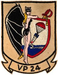 Patrol Squadron 24 (VP-24) 
Established as Bombing Squadron ONE HUNDRED FOUR (VB-104) on 10 Apr 1943. Redesignated Patrol Bombing Squadron ONE HUNDRED FOUR (VPB-104) on 1 Oct 1944; Patrol Squadron ONE HUNDRED FOUR (VP-104) on 15 May 1946; Redesignated Heavy Patrol Squadron (Landplane) FOUR (VP-HL-4) on 15 Nov 1946; Patrol Squadron TWENTY FOUR (VP-24) (3rd) “Batmen” on 1 Sep 1948; Attack Mining Squadron THIRTEEN (VA-HM-13) on 1 Jul 1956; Redesignated Patrol Squadron TWENTY FOUR (VP-24) on 1 Jul 1959. Disestablished on 30 Apr 1995.

Consolidated PB4Y-2B Privateer
Lockheed P2V-5/6M/5F/7S

Insignia approved on 23 Jan 1951.
USA made.


