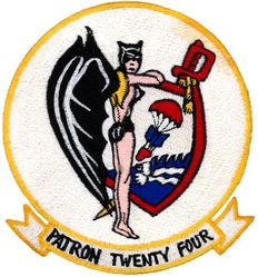 Patrol Squadron 24 (VP-24)
Established as Bombing Squadron ONE HUNDRED FOUR (VB-104) on 10 Apr 1943. Redesignated Patrol Bombing Squadron ONE HUNDRED FOUR (VPB-104) on 1 Oct 1944; Patrol Squadron ONE HUNDRED FOUR (VP-104) on 15 May 1946; Redesignated Heavy Patrol Squadron (Landplane) FOUR (VP-HL-4) on 15 Nov 1946; Patrol Squadron TWENTY FOUR (VP-24) (3rd) “Batmen” on 1 Sep 1948; Attack Mining Squadron THIRTEEN (VA-HM-13) on 1 Jul 1956; Redesignated Patrol Squadron TWENTY FOUR (VP-24) on 1 Jul 1959. Disestablished on 30 Apr 1995.

Lockheed PV-27S Neptune
Lockheed P-3B/C Orion

Insignia approved on 23 Jan 1951.
Japanese made.

 

