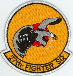 27th Fighter Squadron
Organized as 21 Aero Squadron on 15 Jun 1917. Redesignated as: 27 Aero Squadron on 23 Jun 1917; 27 Squadron (Pursuit) on 14 Mar 1921; 27 Pursuit Squadron on 25 Jan 1923; 27 Pursuit Squadron (Interceptor) on 6 Dec 1939; 27 Pursuit Squadron (Fighter) on 12 Mar 1941; 27 Fighter Squadron (Twin Engine) on 15 May 1942; 27 Fighter Squadron, Two Engine, on 28 Feb 1944. Inactivated on 16 Oct 1945. Redesignated as: 27 Fighter Squadron, Single Engine, on 5 Apr 1946; 27 Fighter Squadron, Jet Propelled, on 20 Jun 1946. Activated on 3 Jul 1946. Redesignated as: 27 Fighter Squadron, Jet, on 15 Jun 1948; 27 Fighter-Interceptor Squadron on 16 Apr 1950; 27 Tactical Fighter Squadron on 1 Jul 1971; 27 Fighter Squadron on 1 Nov 1991-.
Emblem. Approved on 17 Sep 1971.

