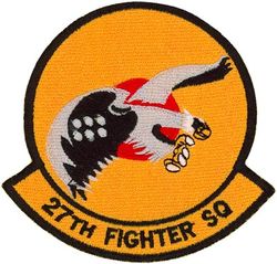 27th Fighter Squadron
Organized as 21 Aero Squadron on 15 Jun 1917. Redesignated as: 27 Aero Squadron on 23 Jun 1917; 27 Squadron (Pursuit) on 14 Mar 1921; 27 Pursuit Squadron on 25 Jan 1923; 27 Pursuit Squadron (Interceptor) on 6 Dec 1939; 27 Pursuit Squadron (Fighter) on 12 Mar 1941; 27 Fighter Squadron (Twin Engine) on 15 May 1942; 27 Fighter Squadron, Two Engine, on 28 Feb 1944. Inactivated on 16 Oct 1945. Redesignated as: 27 Fighter Squadron, Single Engine, on 5 Apr 1946; 27 Fighter Squadron, Jet Propelled, on 20 Jun 1946. Activated on 3 Jul 1946. Redesignated as: 27 Fighter Squadron, Jet, on 15 Jun 1948; 27 Fighter-Interceptor Squadron on 16 Apr 1950; 27 Tactical Fighter Squadron on 1 Jul 1971; 27 Fighter Squadron on 1 Nov 1991-.
Emblem. Approved on 17 Sep 1971.

