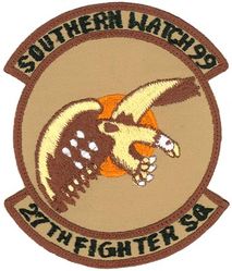 27th Fighter Squadron Operation SOUTHERN WATCH 1999
Organized as 21 Aero Squadron on 15 Jun 1917. Redesignated as: 27 Aero Squadron on 23 Jun 1917; 27 Squadron (Pursuit) on 14 Mar 1921; 27 Pursuit Squadron on 25 Jan 1923; 27 Pursuit Squadron (Interceptor) on 6 Dec 1939; 27 Pursuit Squadron (Fighter) on 12 Mar 1941; 27 Fighter Squadron (Twin Engine) on 15 May 1942; 27 Fighter Squadron, Two Engine, on 28 Feb 1944. Inactivated on 16 Oct 1945. Redesignated as: 27 Fighter Squadron, Single Engine, on 5 Apr 1946; 27 Fighter Squadron, Jet Propelled, on 20 Jun 1946. Activated on 3 Jul 1946. Redesignated as: 27 Fighter Squadron, Jet, on 15 Jun 1948; 27 Fighter-Interceptor Squadron on 16 Apr 1950; 27 Tactical Fighter Squadron on 1 Jul 1971; 27 Fighter Squadron on 1 Nov 1991-.
Keywords: desert