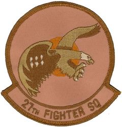 27th Fighter Squadron 
Organized as 21 Aero Squadron on 15 Jun 1917. Redesignated as: 27 Aero Squadron on 23 Jun 1917; 27 Squadron (Pursuit) on 14 Mar 1921; 27 Pursuit Squadron on 25 Jan 1923; 27 Pursuit Squadron (Interceptor) on 6 Dec 1939; 27 Pursuit Squadron (Fighter) on 12 Mar 1941; 27 Fighter Squadron (Twin Engine) on 15 May 1942; 27 Fighter Squadron, Two Engine, on 28 Feb 1944. Inactivated on 16 Oct 1945. Redesignated as: 27 Fighter Squadron, Single Engine, on 5 Apr 1946; 27 Fighter Squadron, Jet Propelled, on 20 Jun 1946. Activated on 3 Jul 1946. Redesignated as: 27 Fighter Squadron, Jet, on 15 Jun 1948; 27 Fighter-Interceptor Squadron on 16 Apr 1950; 27 Tactical Fighter Squadron on 1 Jul 1971; 27 Fighter Squadron on 1 Nov 1991-.
Emblem. Approved on 17 Sep 1971.

Keywords: desert