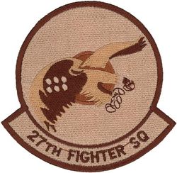 27th Fighter Squadron 
Organized as 21 Aero Squadron on 15 Jun 1917. Redesignated as: 27 Aero Squadron on 23 Jun 1917; 27 Squadron (Pursuit) on 14 Mar 1921; 27 Pursuit Squadron on 25 Jan 1923; 27 Pursuit Squadron (Interceptor) on 6 Dec 1939; 27 Pursuit Squadron (Fighter) on 12 Mar 1941; 27 Fighter Squadron (Twin Engine) on 15 May 1942; 27 Fighter Squadron, Two Engine, on 28 Feb 1944. Inactivated on 16 Oct 1945. Redesignated as: 27 Fighter Squadron, Single Engine, on 5 Apr 1946; 27 Fighter Squadron, Jet Propelled, on 20 Jun 1946. Activated on 3 Jul 1946. Redesignated as: 27 Fighter Squadron, Jet, on 15 Jun 1948; 27 Fighter-Interceptor Squadron on 16 Apr 1950; 27 Tactical Fighter Squadron on 1 Jul 1971; 27 Fighter Squadron on 1 Nov 1991-.
Emblem. Approved on 17 Sep 1971.

Keywords: desert