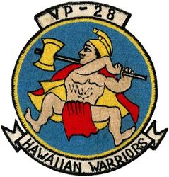 Patrol Squadron 28 (VP-28) 
Established as Bombing Squadron ONE HUNDRED EIGHT (VB-108) on 1 Jul 1943. Redesignated Patrol Bombing Squadron ONE HUNDRED EIGHT (VPB-108) on 1 Oct 1944; Patrol Squadron ONE HUNDRED EIGHT (VP-108) on 15 May 1946; Heavy Patrol Squadron (Landplane) EIGHT (VP-HL-8) on 15 Nov 1946; Patrol Squadron TWENTY EIGHT (VP28) on 1 Sep 1948, the second squadron to be assigned the VP-28 designation. Disestablished on 1 Oct 1969.

Consolidated PB4Y-2 Catalina, 1945
Consolidated PB4Y-2S Catalina, 1949-1951
Consolidated P4Y-2/2S Privateer, 1951-1952
Lockheed P2V-5 Neptune, 1952-1959
Lockheed P2V-5F Neptune, 1959-1962
Lockheed P2V-5FS PAR/MOD Neptune, 1962
Lockheed SP-2H Neptune, 1962-1964
Lockheed P-3A Orion, 1964-1969

Insignia (2nd) “Hawaiian Warriors” approved by CNO on 18 Nov 1954.

