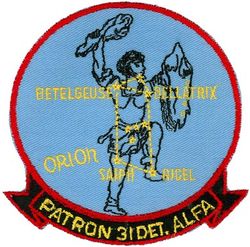 Patrol Squadron 31 (VP-31) Detachment Alfa
Established as Patrol Squadron THIRTY ONE (VP-31) "Genies" on 30 Jun 1960, the second squadron to be assigned the VP-31 designation. Disestablished on 1 Nov 1993.

Lockheed P-3A/B Orion

VP-31 Det Alpha was established at NAS Moffett Field, CA, with a primary mission to train pilots and aircrewmen for the advanced ASW aircraft the P-3.  
