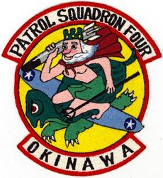 Patrol Squadron 4 (VP-4) 
Established as Bombing Squadron ONE HUNDRED FORTY FOUR (VB-144) on 1 Jul 1943. Redesignated Patrol Bombing Squadron ONE HUNDRED FORTY FOUR (VPB-144) on 1 Oct 1944; Patrol Squadron ONE HUNDRED FORTY FOUR (VP-144) on 15 May 1946; Medium Patrol Squadron (Landplane) ONE HUNDRED FORTY FOUR (VP-ML-4) on 15 Nov 1946; Patrol Squadron FOUR (VP-4) on 1 Sep 1948, the second squadron to be assigned the VP-4 designation.

Lockheed P2V-2/5/5F/7/SP-2H Neptune, 1948-1965

Insignia (2nd) “King Neptune” approved by CNO on 29 Nov 1948.
