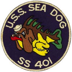 SS-401 USS Sea Dog
Namesake. The Dogfish, a small shark of the North Atlantic
Builder: Portsmouth Naval Shipyard, Kittery, ME
Laid down. 1 Nov 1943
Launched. 28 Mar 1944
Commissioned. 3 Jun 1944
Decommissioned. 27 Jun 1956
Stricken. 2 Dec 1968
Fate. Sold for scrap, 18 May 1973
Class and type. Balao class diesel-electric submarine
Displacement:	
1,526 long tons (1,550 t) surfaced
2,391 tons (2,429 t) submerged
Length. 	311 ft 6 in (94.95 m)
Beam. 27 ft 3 in (8.31 m)
Draft. 16 ft 10 in (5.13 m) maximum
Propulsion:	
4 × Fairbanks-Morse Model 38D8-⅛ 10-cylinder opposed piston diesel engines driving electrical generators
2 × 126-cell Sargo batteries
4 × high-speed Elliott electric motors with reduction gears
two propellers]
5,400 shp (4.0 MW) surfaced
2,740 shp (2.0 MW) submerged
Speed. 20.25 knots (38 km/h) surfaced; 8.75 knots (16 km/h) submerged
Range. 11,000 nautical miles (20,000 km) surfaced at 10 kn (19 km/h)
Endurance. 48 hours at 2 knots (3.7 km/h) submerged; 75 days on patrol
Test depth. 400 ft (120 m)
Complement. 10 officers, 70–71 enlisted
Armament:	
10 × 21-inch (533 mm) torpedo tubes
6 forward, 4 aft
24 torpedoes
1 × 5-inch (127 mm) / 25 caliber deck gun
Bofors 40 mm and Oerlikon 20 mm cannon

