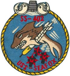 SS-402 USS Sea Fox
Namesake. The Sea Fox, a large shark, also called the Thresher shark
Builder: Portsmouth Naval Shipyard, Kittery, ME
Laid down. 2 Nov 1943
Launched. 28 Mar 1944
Commissioned. 13 Jun 1944
Decommissioned. 15 Oct 1952
Recommissioned. 5 Jun 1953
Decommissioned. 14 Dec 1970
Stricken. 14 Dec 1970
Fate. Transferred to Turkey, 14 Dec 1970
Class and type. Balao class diesel-electric submarine
Displacement:	
1,526 long tons (1,550 t) surfaced
2,391 tons (2,429 t) submerged
Length. 	311 ft 6 in (94.95 m)
Beam. 27 ft 3 in (8.31 m)
Draft. 16 ft 10 in (5.13 m) maximum
Propulsion:	
4 × Fairbanks-Morse Model 38D8-⅛ 10-cylinder opposed piston diesel engines driving electrical generators
2 × 126-cell Sargo batteries
4 × high-speed Elliott electric motors with reduction gears
two propellers]
5,400 shp (4.0 MW) surfaced
2,740 shp (2.0 MW) submerged
Speed. 20.25 knots (38 km/h) surfaced; 8.75 knots (16 km/h) submerged
Range. 11,000 nautical miles (20,000 km) surfaced at 10 kn (19 km/h)
Endurance. 48 hours at 2 knots (3.7 km/h) submerged; 75 days on patrol
Test depth. 400 ft (120 m)
Complement. 10 officers, 70–71 enlisted
Armament:	
10 × 21-inch (533 mm) torpedo tubes
6 forward, 4 aft
24 torpedoes
1 × 5-inch (127 mm) / 25 caliber deck gun
Bofors 40 mm and Oerlikon 20 mm cannon

