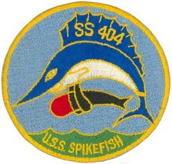 SS-404 USS Spikefish
Namesake. The Spikefish, ray-finned fishes related to the pufferfishes and triggerfishes
Builder: Portsmouth Naval Shipyard, Kittery, ME
Laid down. 29 Jan 1944
Launched. 26 Apr 1944
Commissioned. 30 Jun 1944
Decommissioned. 2 Apr 1963
Stricken	. 1 May 1963
Fate. Sunk as a target off Long Island, 4 Aug 1964 
Class and type. Balao class diesel-electric submarine
Displacement:	
1,526 long tons (1,550 t) surfaced
2,391 tons (2,429 t) submerged
Length. 	311 ft 6 in (94.95 m)
Beam. 27 ft 3 in (8.31 m)
Draft. 16 ft 10 in (5.13 m) maximum
Propulsion:	
4 × Fairbanks-Morse Model 38D8-⅛ 10-cylinder opposed piston diesel engines driving electrical generators
2 × 126-cell Sargo batteries
4 × high-speed Elliott electric motors with reduction gears
two propellers]
5,400 shp (4.0 MW) surfaced
2,740 shp (2.0 MW) submerged
Speed. 20.25 knots (38 km/h) surfaced; 8.75 knots (16 km/h) submerged
Range. 11,000 nautical miles (20,000 km) surfaced at 10 kn (19 km/h)
Endurance. 48 hours at 2 knots (3.7 km/h) submerged; 75 days on patrol
Test depth. 400 ft (120 m)
Complement. 10 officers, 70–71 enlisted
Armament:	
10 × 21-inch (533 mm) torpedo tubes
6 forward, 4 aft
24 torpedoes
1 × 5-inch (127 mm) / 25 caliber deck gun
Bofors 40 mm and Oerlikon 20 mm cannon

