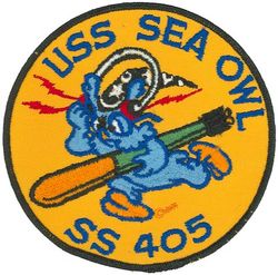 SS-405 USS Sea Owl
Namesake. The Sea Owl, a lumpfish of the North Atlantic Ocean
Builder: Portsmouth Naval Shipyard, Kittery, ME
Laid down. 7 Feb 1944
Launched. 7 May 1944
Commissioned. 17 Jul 1944
Decommissioned. 15 Nov 1969
Stricken. 15 Nov 1969
Fate. Sold for scrap, 3 Jun 1971
Class and type. Balao class diesel-electric submarine
Displacement:	
1,526 long tons (1,550 t) surfaced
2,391 tons (2,429 t) submerged
Length. 	311 ft 6 in (94.95 m)
Beam. 27 ft 3 in (8.31 m)
Draft. 16 ft 10 in (5.13 m) maximum
Propulsion:	
4 × Fairbanks-Morse Model 38D8-⅛ 10-cylinder opposed piston diesel engines driving electrical generators
2 × 126-cell Sargo batteries
4 × high-speed Elliott electric motors with reduction gears
two propellers]
5,400 shp (4.0 MW) surfaced
2,740 shp (2.0 MW) submerged
Speed. 20.25 knots (38 km/h) surfaced; 8.75 knots (16 km/h) submerged
Range. 11,000 nautical miles (20,000 km) surfaced at 10 kn (19 km/h)
Endurance. 48 hours at 2 knots (3.7 km/h) submerged; 75 days on patrol
Test depth. 400 ft (120 m)
Complement. 10 officers, 70–71 enlisted
Armament:	
10 × 21-inch (533 mm) torpedo tubes
6 forward, 4 aft
24 torpedoes
1 × 5-inch (127 mm) / 25 caliber deck gun
Bofors 40 mm and Oerlikon 20 mm cannon


