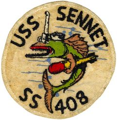 SS-408 USS Sennet
Namesake. The Sennet, Sphyraena borealis, is an ocean-going species of fish in the barracuda family
Builder: Portsmouth Naval Shipyard, Kittery, ME
Laid down. 8 Mar 1944
Launched. 6 Jun 1944
Commissioned. 22 Aug 1944
Decommissioned. 2 Dec 1968
Stricken	. 2 Dec 1968
Fate. Sold for scrap, 15 June 1973
Class and type. Balao class diesel-electric submarine
Displacement:	
1,526 long tons (1,550 t) surfaced
2,391 tons (2,429 t) submerged
Length. 	311 ft 6 in (94.95 m)
Beam. 27 ft 3 in (8.31 m)
Draft. 16 ft 10 in (5.13 m) maximum
Propulsion:	
4 × Fairbanks-Morse Model 38D8-⅛ 10-cylinder opposed piston diesel engines driving electrical generators
2 × 126-cell Sargo batteries
4 × high-speed Elliott electric motors with reduction gears
two propellers]
5,400 shp (4.0 MW) surfaced
2,740 shp (2.0 MW) submerged
Speed. 20.25 knots (38 km/h) surfaced; 8.75 knots (16 km/h) submerged
Range. 11,000 nautical miles (20,000 km) surfaced at 10 kn (19 km/h)
Endurance. 48 hours at 2 knots (3.7 km/h) submerged; 75 days on patrol
Test depth. 400 ft (120 m)
Complement. 10 officers, 70–71 enlisted
Armament:	
10 × 21-inch (533 mm) torpedo tubes
6 forward, 4 aft
24 torpedoes
1 × 5-inch (127 mm) / 25 caliber deck gun
Bofors 40 mm and Oerlikon 20 mm cannon

