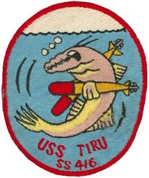 SS-416 USS Tiru
Namesake. The Tiru, a member of the lizardfish family
Builder	Mare Island Naval Shipyard, Vallejo, CA
Laid down. 17 Apr 1944
Launched. 16 Sep 1947
Commissioned. 1 Sep 1948
Decommissioned. 1 Jul 1975
Stricken. 1 Jul 1975
Fate. Sunk as a target off Cape Hatteras, North Carolina, 19 Jul 1979
General characteristics (Completed as GUPPY II)
Class and type. Balao-class diesel-electric submarine
Displacement:	
1,870 tons (1,900 t) surfaced
2,440 tons (2,480 t) submerged 
Length. 	307 ft (94 m) 
Beam. 27 ft 4 in (8.33 m) 
Draft. 17 ft (5.2 m) 
Propulsion:	
3 × Fairbanks-Morse Model 38D8-⅛ 10-cylinder opposed piston diesel engines, equipped with a snorkel, driving electrical generators
1 × 184 cell, 1 × 68 cell, and 2 × 126 cell GUPPY-type batteries (total 504 cells)
2 × low-speed direct-drive General Electric electric motors 
two propellers 
Speed. 18.0 knots (20.7 mph; 33.3 km/h) maximum, 13.5 knots (15.5 mph; 25.0 km/h) cruising (Surfaced); 16.0 knots (18.4 mph; 29.6 km/h) for ½ hour, 9.0 knots (10.4 mph; 16.7 km/h) snorkeling, 3.5 knots (4.0 mph; 6.5 km/h) cruising (Submerged)
Range. 15,000 nm (28,000 km) surfaced at 11 knots (13 mph; 20 km/h) 
Endurance. 48 hours at 4 knots (5 mph; 7 km/h) submerged 
Test depth. 400 ft (120 m) 
Complement. 9–10 officers, 5 petty officers, 70 enlisted men 
Sensors and processing systems:
WFA active sonar
JT passive sonar
Mk 106 torpedo fire control system 
Armament:	
10 × 21 inch (533 mm) torpedo tubes (six forward, four aft)

General characteristics (Guppy III)
Displacement:	
1,975 tons (2,007 t) surfaced 
2,450 tons (2,489 t) submerged 
Length. 319 ft 6 in (97.38 m)
Beam. 27 ft 4 in (8.33 m)
Draft. 17 ft (5.2 m)
Speed. 17.2 knots (31.9 km/h) maximum, 12.2 knots (22.6 km/h) cruising (Surfaced); 14.5 knots (26.9 km/h) for ½ hour, 6.2 knots (11.5 km/h) snorkeling, 3.7 knots (6.9 km/h) cruising (Submerged)
Range. 15,900 nautical miles (29,400 km; 18,300 mi) surfaced at 8.5 knots (10 mph; 16 km/h)
Endurance. 36 hours at 3 knots (6 km/h) submerged
Complement. 8–10 officers, 5 petty officers, 70-80 enlisted men
Sensors and processing systems:	
BQS-4 active search sonar
BQR-2B passive search sonar
BQG-4 passive attack sonar

