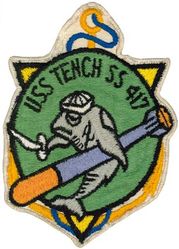 SS-417 USS Tench
Namesake. The Tench, a fresh- and brackish-water fish of the order Cypriniformes
Builder. Portsmouth Naval Shipyard, Kittery, ME
Laid down. 1 Apr 1944
Launched. 7 Jul 1944
Commissioned. 6 Oct 1944
Decommissioned. Jan 1947
Recommissioned. Oct 1950
Decommissioned. 8 May 1970
Stricken. 15 Aug 1973
Fate. Sold to Peru for spare parts, 16 Sep 1976 
Class and type. Tench-class diesel-electric submarine
Displacement:
1,570 tons (1,595 t) surfaced 
2,416 tons (2,455 t) submerged 
Length. 311 ft 8 in (95.00 m) 
Beam. 27 ft 4 in (8.33 m) 
Draft. 17 ft (5.2 m) maximum 
Propulsion	
4 × Fairbanks-Morse Model 38D8-⅛ 10-cylinder opposed piston diesel engines driving electrical generators
2 × 126-cell Sargo batteries
2 × low-speed direct-drive General Electric electric motors
two propellers 
5,400 shp (4.0 MW) surfaced
2,740 shp (2.0 MW) submerged
Speed. 20.25 knots (38 km/h) surfaced; 8.75 knots (16 km/h) submerged 
Range. 11,000 nautical miles (20,000 km) surfaced at 10 knots (19 km/h)
Endurance. 48 hours at 2 knots (3.7 km/h) submerged; 75 days on patrol
Test depth. 400 ft (120 m) 
Complement. 10 officers, 71 enlisted 
Armament:	
10 × 21-inch (533 mm) torpedo tubes
6 forward, 4 aft)
28 torpedoes
1 × 5-inch (127 mm) / 25 caliber deck gun
Bofors 40 mm and Oerlikon 20 mm cannon

General characteristics (Guppy IA)
Displacement:	
1,830 tons (1,859 t) surfaced
2,440 tons (2,479 t) submerged
Length	307 ft 7 in (93.75 m)
Beam	27 ft 4 in (8.33 m)
Draft	17 ft (5.2 m)
Propulsion:	
Snorkel added
Batteries upgraded to Sargo II 
Speed. 17.3 knots (32.0 km/h) maximum, 12.5 knots (23.2 km/h) cruising (Surfaced); 15.0 knots (27.8 km/h) for ½ hour, 7.5 knots (13.9 km/h) snorkeling, 3.0 knots (5.6 km/h) cruising (Submerged)
Range. 17,000 nmi (31,000 km) surfaced at 11 kn (20 km/h) 
Endurance. 36 hours at 3 knots (6 km/h) submerged 
Complement. 10 officers, 5 petty officers, 64–69 enlisted men
Armament:	
10 × 21 in (53 cm) torpedo tubes
 (six forward, four aft)
all guns removed

