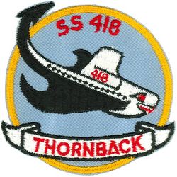 SS-418 USS Thornback
Namesake. The Thornback, a slender member of the shark family
Builder. Portsmouth Naval Shipyard, Kittery, ME
Laid down. 5 Apr 1944
Launched. 7 Jul 1944
Commissioned. 13 Oct 1944
Decommissioned. 6 Apr 1946
Recommissioned. 2 Oct 1953
Decommissioned. 1 Jul 1971
Stricken. 1 Aug 1973
Fate. Transferred to Turkey, 1 Jul 1971, sold to Turkey 1 Aug 1973 
Class and type. Tench-class diesel-electric submarine
Displacement:
1,570 tons (1,595 t) surfaced 
2,416 tons (2,455 t) submerged 
Length. 311 ft 8 in (95.00 m) 
Beam. 27 ft 4 in (8.33 m) 
Draft. 17 ft (5.2 m) maximum 
Propulsion	
4 × Fairbanks-Morse Model 38D8-⅛ 10-cylinder opposed piston diesel engines driving electrical generators
2 × 126-cell Sargo batteries
2 × low-speed direct-drive General Electric electric motors
two propellers 
5,400 shp (4.0 MW) surfaced
2,740 shp (2.0 MW) submerged
Speed. 20.25 knots (38 km/h) surfaced; 8.75 knots (16 km/h) submerged 
Range. 11,000 nautical miles (20,000 km) surfaced at 10 knots (19 km/h)
Endurance. 48 hours at 2 knots (3.7 km/h) submerged; 75 days on patrol
Test depth. 400 ft (120 m) 
Complement. 10 officers, 71 enlisted 
Armament:	
10 × 21-inch (533 mm) torpedo tubes
6 forward, 4 aft)
28 torpedoes
1 × 5-inch (127 mm) / 25 caliber deck gun
Bofors 40 mm and Oerlikon 20 mm cannon

General characteristics (Guppy IIA)
Displacement:	
1,848 tons (1,878 t) surfaced
2,440 tons (2,479 t) submerged
Length. 307 ft (93.6 m)
Beam. 27 ft 4 in (8.3 m)
Draft. 17 ft (5.2 m)
Propulsion:	
Snorkel added
One diesel engine and generator removed
Batteries upgraded to Sargo II
Speed. 17.0 knots (31.5 km/h) maximum, 13.5 knots (25.0 km/h) cruising (Surfaced); 14.1 knots (26.1 km/h) for ½ hour, 8.0 knots (14.8 km/h) snorkeling, 3.0 knots (5.6 km/h) cruising (Submerged)
Armament:	
10 × 21 inch (533 mm) torpedo tubes
 (six forward, four aft)
all guns removed

