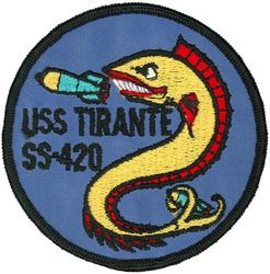 SS-420 USS Tirante
Namesake. The Tirante, a silvery, elongated "cutlass fish" found in waters off Cuba
Builder. Portsmouth Naval Shipyard, Kittery, ME
Laid down. 28 Apr 1944
Launched. 9 Aug 1944
Commissioned. 6 Nov 1944
Decommissioned. 20 Jul 1946
Recommissioned. 26 Nov 1952
Decommissioned. 1 Oct 1973
Stricken	. 1 Oct 1973
Fate. Sold for scrap, 21 Mar 1974
Class and type. Tench-class diesel-electric submarine
Displacement:
1,570 tons (1,595 t) surfaced 
2,414 tons (2,453 t) submerged 
Length. 311 ft 8 in (95.00 m) 
Beam. 27 ft 4 in (8.33 m) 
Draft. 17 ft (5.2 m) maximum 
Propulsion	
4 × Fairbanks-Morse Model 38D8-⅛ 10-cylinder opposed piston diesel engines driving electrical generators
2 × 126-cell Sargo batteries
2 × low-speed direct-drive General Electric electric motors
two propellers 
5,400 shp (4.0 MW) surfaced
2,740 shp (2.0 MW) submerged
Speed. 20.25 knots (38 km/h) surfaced; 8.75 knots (16 km/h) submerged 
Range. 11,000 nautical miles (20,000 km) surfaced at 10 knots (19 km/h)
Endurance. 48 hours at 2 knots (3.7 km/h) submerged; 75 days on patrol
Test depth. 400 ft (120 m) 
Complement. 10 officers, 71 enlisted 
Armament:	
10 × 21-inch (533 mm) torpedo tubes
6 forward, 4 aft)
28 torpedoes
1 × 5-inch (127 mm) / 25 caliber deck gun
Bofors 40 mm and Oerlikon 20 mm cannon

