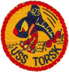 SS-423 USS Torsk
Namesake. The Torsk, common name the Cusk, a cod-like fish in the family Lotidae
Builder	Portsmouth Naval Shipyard, Kittery, ME
Laid down. 7 Jun 1944
Launched. 6 Sep 1944
Commissioned. 16 Dec 1944
Decommissioned. 4 Mar 1968
Stricken	. 15 Dec 1971
Fate. Museum ship at Baltimore, Maryland, 26 Sep 1972
Status. Undergoing restoration
Class and type. Tench-class diesel-electric submarine
Displacement:
1,570 tons (1,595 t) surfaced 
2,414 tons (2,453 t) submerged 
Length. 311 ft 8 in (95.00 m) 
Beam. 27 ft 4 in (8.33 m) 
Draft. 17 ft (5.2 m) maximum 
Propulsion	
4 × Fairbanks-Morse Model 38D8-⅛ 10-cylinder opposed piston diesel engines driving electrical generators
2 × 126-cell Sargo batteries
2 × low-speed direct-drive General Electric electric motors
two propellers 
5,400 shp (4.0 MW) surfaced
2,740 shp (2.0 MW) submerged
Speed. 20.25 knots (38 km/h) surfaced; 8.75 knots (16 km/h) submerged 
Range. 11,000 nautical miles (20,000 km) surfaced at 10 knots (19 km/h)
Endurance. 48 hours at 2 knots (3.7 km/h) submerged; 75 days on patrol
Test depth. 400 ft (120 m) 
Complement. 10 officers, 71 enlisted 
Armament:	
10 × 21-inch (533 mm) torpedo tubes
6 forward, 4 aft)
28 torpedoes
1 × 5-inch (127 mm) / 25 caliber deck gun
Bofors 40 mm and Oerlikon 20 mm cannon

