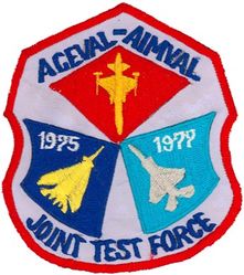 Air Combat Evaluation - Air Intercept Missile Evaluation Joint Test Force
Air Combat Evaluation (ACEVAL) and Air Intercept Missile Evaluation (AIMVAL) were two back-to-back Joint Test & Evaluations which ran from 1974-78 at Nellis AFB. The USAF component was provided by the 57 TFW at Nellis; it flew the RED FORCE aircraft (F-5E simulating the MIG-21) and one of the BLUE FORCE aircraft (F-15A Eagle, bottom right on patch). The US Navy flew the other BLUE FORCE aircraft (F-14A Tomcat, bottom left on patch). Most of the tests were conducted in an 18-mo. period during 1976-77.  
 

