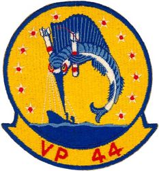 Patrol Squadron 44 (VP-44)
Established as Patrol Squadron FORTY FOUR (VP-44) on 29 January 1951, the fourth squadron to be assigned the VP-44 designation. Disestablished on 28 June 1991.

Martin PBM-5 Mariner, 1951-1952
Martin P5M-1 Marlin, 1952-1955
Martin P5M-2 Marlin, 1955-1960
Lockheed P2V-3 Neptune, 1960-1962
Lockheed P3V-1/P-3A Orion, 1962-1978
Lockheed P-3C UII Orion, 1978-1991

Insignia (1st) “Marlins” approved by CNO on 24 Sep 1952.

