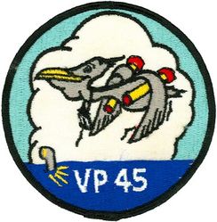 Patrol Squadron 45 (VP-45)
Established as Patrol Squadron TWO HUNDRED FIVE (VP-205) on 1 Nov 1942. Redesignated Patrol Bombing Squadron TWO HUNDRED FIVE (VPB-205) on 1 Oct 1944; Patrol Squadron TWO HUNDRED FIVE (VP-205) on 15 May 1946; Medium Patrol Squadron (Seaplane) FIVE (VP-MS-5) on 15 Nov 1946; Patrol Squadron FORTY-FIVE (VP-45) on 1 Sep 1948, the third squadron to be assigned the VP-45 designation.

Martin PBM-5 Mariner, 1942-1943
Martin PBM-3S Mariner, 1943-1944
Martin PBM-5 Mariner, 1944-1954
Martin P5M-1 Marlin, 1954-1956
Martin P5M-2 Marlin, 1956-1962
Lockheed SP-5B Marlin, 1962-1963
Lockheed P-3A Orion, 1963-1972
Lockheed P-3C Orion, 1972-1988
Lockheed P-3C UIII Orion, 1988-1993
Lockheed P-3C UIIIR Orion, 1993-2014
Boeing P-8 Poseidon, 2014-.

Insignia (2nd) “Pelicans” submitted to CNO for approval on 4 Feb 1949, but for some undetermined reason was not approved until 1 Dec 1955.

