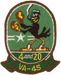 Attack Squadron 45 (VA-45)
Established as Attack Squadron FORTY FIVE (VA-45) "Black Birds" on 1 Sep 1950. Disestablished on 1 Mar 1958. The second squadron to be assigned the VA-45 designation. 

Douglas AD-2/4/6 Skyraider

