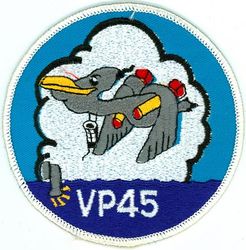 Patrol Squadron 45 (VP-45)
Established as Patrol Squadron TWO HUNDRED FIVE (VP-205) on 1 Nov 1942. Redesignated Patrol Bombing Squadron TWO HUNDRED FIVE (VPB-205) on 1 Oct 1944; Patrol Squadron TWO HUNDRED FIVE (VP-205) on 15 May 1946; Medium Patrol Squadron (Seaplane) FIVE (VP-MS-5) on 15 Nov 1946; Patrol Squadron FORTY-FIVE (VP-45) on 1 Sep 1948, the third squadron to be assigned the VP-45 designation.

Martin PBM-5 Mariner, 1942-1943
Martin PBM-3S Mariner, 1943-1944
Martin PBM-5 Mariner, 1944-1954
Martin P5M-1 Marlin, 1954-1956
Martin P5M-2 Marlin, 1956-1962
Lockheed SP-5B Marlin, 1962-1963
Lockheed P-3A Orion, 1963-1972
Lockheed P-3C Orion, 1972-1988
Lockheed P-3C UIII Orion, 1988-1993
Lockheed P-3C UIIIR Orion, 1993-2014
Boeing P-8 Poseidon, 2014-.

Insignia (2nd) “Pelicans” submitted to CNO for approval on 4 Feb 1949, but for some undetermined reason was not approved until 1 Dec 1955.


