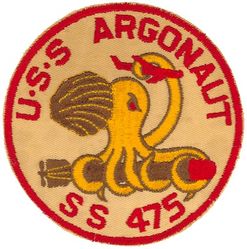 SS-475 USS Argonaut
Namesake. The argonauts, a group of pelagic octopuses
Builder. Portsmouth Naval Shipyard, Kittery, ME
Laid down. 28 Jun 1944
Launched. 1 Oct 1944
Commissioned. 15 Jan 1945
Decommissioned. 2 Dec 1968
Stricken	. 2 Dec 1968
Fate. Transferred to Canada, 2 Dec 1968
Class and type. Tench-class diesel-electric submarine
Displacement:	
1,570 tons (1,595 t) surfaced 
2,414 tons (2,453 t) submerged 
Length. 311 ft 8 in (95.00 m) 
Beam. 27 ft 4 in (8.33 m) 
Draft. 17 ft (5.2 m) maximum 
Propulsion:	
4 × Fairbanks-Morse Model 38D8-⅛ 10-cylinder opposed piston diesel engines driving electrical generators
2 × 126-cell Sargo batteries
2 × low-speed direct-drive Elliott electric motors
two propellers 
5,400 shp (4.0 MW) surfaced
2,740 shp (2.0 MW) submerged
Speed. 20.25 knots (38 km/h) surfaced; 8.75 knots (16 km/h) submerged 
Range. 11,000 nautical miles (20,000 km) surfaced at 10 knots (19 km/h) 
Endurance. 48 hours at 2 knots (3.7 km/h) submerged; 75 days on patrol
Test depth. 400 ft (120 m) 
Complement. 10 officers, 71 enlisted 
Armament:	
10 × 21-inch (533 mm) torpedo tubes, 6 forward, 4 aft)
28 torpedoes
1 × 5-inch (127 mm) / 25 caliber deck gun
Bofors 40 mm and Oerlikon 20 mm cannon

