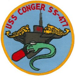 SS-477 USS Conger
Namesake. The conger, an eel found in warm seas, common to both coasts of the Atlantic Ocean
Builder. Portsmouth Naval Shipyard, Kittery, ME
Laid down. 10 Jul 1944
Launched. 17 Oct 1944
Commissioned. 6 Feb 1945
Decommissioned. 29 Jun 1970
Stricken. 15 Dec 1971
Fate. Sold for scrap, 19 Jun 1973
Class and type. Tench-class diesel-electric submarine
Displacement:	
1,570 tons (1,595 t) surfaced 
2,414 tons (2,453 t) submerged 
Length. 311 ft 8 in (95.00 m) 
Beam. 27 ft 4 in (8.33 m) 
Draft. 17 ft (5.2 m) maximum 
Propulsion:	
4 × Fairbanks-Morse Model 38D8-⅛ 10-cylinder opposed piston diesel engines driving electrical generators
2 × 126-cell Sargo batteries
2 × low-speed direct-drive Elliott electric motors
two propellers 
5,400 shp (4.0 MW) surfaced
2,740 shp (2.0 MW) submerged
Speed. 20.25 knots (38 km/h) surfaced; 8.75 knots (16 km/h) submerged 
Range. 11,000 nautical miles (20,000 km) surfaced at 10 knots (19 km/h) 
Endurance. 48 hours at 2 knots (3.7 km/h) submerged; 75 days on patrol
Test depth. 400 ft (120 m) 
Complement. 10 officers, 71 enlisted 
Armament:	
10 × 21-inch (533 mm) torpedo tubes, 6 forward, 4 aft)
28 torpedoes
1 × 5-inch (127 mm) / 25 caliber deck gun
Bofors 40 mm and Oerlikon 20 mm cannon

