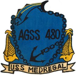 AGSS-480 USS Medregal 
Namesake. The medregal, a streamlined, fast-swimming, bluish-colored fish of the jack family
Builder. Portsmouth Naval Shipyard, Kittery, ME
Laid down. 21 Aug 1944
Launched. 15 Dec 1944
Commissioned. 14 Apr 1945
Decommissioned. 1 Aug 1970
Stricken. 1 Aug 1970
Fate. Sold for scrap, 13 Jun 1972
Class and type. Tench-class diesel-electric submarine
Displacement:	
1,570 tons (1,595 t) surfaced 
2,414 tons (2,453 t) submerged 
Length. 311 ft 8 in (95.00 m) 
Beam. 27 ft 4 in (8.33 m) 
Draft. 17 ft (5.2 m) maximum 
Propulsion:	
4 × Fairbanks-Morse Model 38D8-⅛ 10-cylinder opposed piston diesel engines driving electrical generators
2 × 126-cell Sargo batteries
2 × low-speed direct-drive Elliott electric motors
two propellers 
5,400 shp (4.0 MW) surfaced
2,740 shp (2.0 MW) submerged
Speed. 20.25 knots (38 km/h) surfaced; 8.75 knots (16 km/h) submerged 
Range. 11,000 nautical miles (20,000 km) surfaced at 10 knots (19 km/h) 
Endurance. 48 hours at 2 knots (3.7 km/h) submerged; 75 days on patrol
Test depth. 400 ft (120 m) 
Complement. 10 officers, 71 enlisted 
Armament:	
10 × 21-inch (533 mm) torpedo tubes, 6 forward, 4 aft)
28 torpedoes
1 × 5-inch (127 mm) / 25 caliber deck gun
Bofors 40 mm and Oerlikon 20 mm cannon


