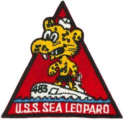 SS-483 USS Sea Leopard
Namesake. The Sea Leopard, also referred to as the sea leopard (Hydrurga leptonyx)
Builder. Portsmouth Naval Shipyard, Kittery, ME
Laid down. 7 Nov 1944
Launched. 2 Mar 1945
Commissioned. 11 Jun 1945
Decommissioned. 27 Mar 1973
Stricken. 27 Mar 1973
Fate. Transferred to Brazil, 27 Mar 1973
Class and type. Tench-class diesel-electric submarine
Displacement:	
1,570 tons (1,595 t) surfaced 
2,414 tons (2,453 t) submerged 
Length. 311 ft 8 in (95.00 m) 
Beam. 27 ft 4 in (8.33 m) 
Draft. 17 ft (5.2 m) maximum 
Propulsion:	
4 × Fairbanks-Morse Model 38D8-⅛ 10-cylinder opposed piston diesel engines driving electrical generators
2 × 126-cell Sargo batteries
2 × low-speed direct-drive Elliott electric motors
two propellers 
5,400 shp (4.0 MW) surfaced
2,740 shp (2.0 MW) submerged
Speed. 20.25 knots (38 km/h) surfaced; 8.75 knots (16 km/h) submerged 
Range. 11,000 nautical miles (20,000 km) surfaced at 10 knots (19 km/h) 
Endurance. 48 hours at 2 knots (3.7 km/h) submerged; 75 days on patrol
Test depth. 400 ft (120 m) 
Complement. 10 officers, 71 enlisted 
Armament:	
10 × 21-inch (533 mm) torpedo tubes, 6 forward, 4 aft)
28 torpedoes
1 × 5-inch (127 mm) / 25 caliber deck gun
Bofors 40 mm and Oerlikon 20 mm cannon

