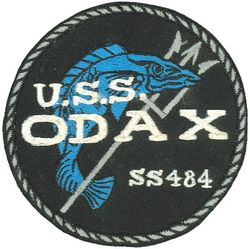 SS-484 USS Odax
Namesake. The odax, a brilliantly colored parrot fish belonging to the family Scaridae
Builder. Portsmouth Naval Shipyard, Kittery, ME
Laid down. 4 Dec 1944
Launched. 10 Apr 1945
Commissioned. 11 Jul 1945
Decommissioned. 8 Jul 1972
Stricken. 8 Jul 1972
Fate. Transferred to Brazil, 8 Jul 1972 
Class and type. Tench-class diesel-electric submarine
Displacement:	
1,570 tons (1,595 t) surfaced 
2,414 tons (2,453 t) submerged 
Length. 311 ft 8 in (95.00 m) 
Beam. 27 ft 4 in (8.33 m) 
Draft. 17 ft (5.2 m) maximum 
Propulsion:	
4 × Fairbanks-Morse Model 38D8-⅛ 10-cylinder opposed piston diesel engines driving electrical generators
2 × 126-cell Sargo batteries
2 × low-speed direct-drive Elliott electric motors
two propellers 
5,400 shp (4.0 MW) surfaced
2,740 shp (2.0 MW) submerged
Speed. 20.25 knots (38 km/h) surfaced; 8.75 knots (16 km/h) submerged 
Range. 11,000 nautical miles (20,000 km) surfaced at 10 knots (19 km/h) 
Endurance. 48 hours at 2 knots (3.7 km/h) submerged; 75 days on patrol
Test depth. 400 ft (120 m) 
Complement. 10 officers, 71 enlisted 
Armament:	
10 × 21-inch (533 mm) torpedo tubes, 6 forward, 4 aft)
28 torpedoes
1 × 5-inch (127 mm) / 25 caliber deck gun
Bofors 40 mm and Oerlikon 20 mm cannon

