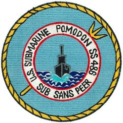 SS-486 USS Pomodon
Namesake. The Pomodon (an obsolete synonym for Hemilutjanus) genera of snapper
Builder. Portsmouth Naval Shipyard, Kittery, ME
Laid down. 29 Jan 1945
Launched. 12 Jun 1945
Commissioned. 11 Sep 1945
Decommissioned. 1 Apr 1955
Recommissioned. 2 Jul 1955
Decommissioned. 1 Aug 1970
Stricken	. 1 Aug 1970
Fate. Sold for scrap, 26 Jan 1972
Class and type. Tench-class diesel-electric submarine
Displacement:	
1,570 tons (1,595 t) surfaced 
2,414 tons (2,453 t) submerged 
Length. 311 ft 8 in (95.00 m) 
Beam. 27 ft 4 in (8.33 m) 
Draft. 17 ft (5.2 m) maximum 
Propulsion:	
4 × Fairbanks-Morse Model 38D8-⅛ 10-cylinder opposed piston diesel engines driving electrical generators
2 × 126-cell Sargo batteries
2 × low-speed direct-drive Elliott electric motors
two propellers 
5,400 shp (4.0 MW) surfaced
2,740 shp (2.0 MW) submerged
Speed. 20.25 knots (38 km/h) surfaced; 8.75 knots (16 km/h) submerged 
Range. 11,000 nautical miles (20,000 km) surfaced at 10 knots (19 km/h) 
Endurance. 48 hours at 2 knots (3.7 km/h) submerged; 75 days on patrol
Test depth. 400 ft (120 m) 
Complement. 10 officers, 71 enlisted 
Armament:	
10 × 21-inch (533 mm) torpedo tubes, 6 forward, 4 aft)
28 torpedoes
1 × 5-inch (127 mm) / 25 caliber deck gun
Bofors 40 mm and Oerlikon 20 mm cannon

