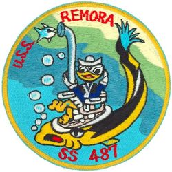SS-487 USS Remora
Namesake. The 	Remora, or suckerfish, any of a family (Echeneidae) of ray-finned fish in the order Carangiformes
Builder. Portsmouth Naval Shipyard, Kittery, ME
Laid down. 5 Mar 1945
Launched. 12 Jul 1945
Commissioned. 3 Jan 1946
Decommissioned. 29 Oct 1973
Stricken	. 9 Oct 1973
Fate. Transferred to Greece, 29 Oct 1973
Class and type. Tench-class diesel-electric submarine
Displacement:	
1,570 tons (1,595 t) surfaced 
2,414 tons (2,453 t) submerged 
Length. 311 ft 8 in (95.00 m) 
Beam. 27 ft 4 in (8.33 m) 
Draft. 17 ft (5.2 m) maximum 
Propulsion:	
4 × Fairbanks-Morse Model 38D8-⅛ 10-cylinder opposed piston diesel engines driving electrical generators
2 × 126-cell Sargo batteries
2 × low-speed direct-drive Elliott electric motors
two propellers 
5,400 shp (4.0 MW) surfaced
2,740 shp (2.0 MW) submerged
Speed. 20.25 knots (38 km/h) surfaced; 8.75 knots (16 km/h) submerged 
Range. 11,000 nautical miles (20,000 km) surfaced at 10 knots (19 km/h) 
Endurance. 48 hours at 2 knots (3.7 km/h) submerged; 75 days on patrol
Test depth. 400 ft (120 m) 
Complement. 10 officers, 71 enlisted 
Armament:	
10 × 21-inch (533 mm) torpedo tubes, 6 forward, 4 aft)
28 torpedoes
1 × 5-inch (127 mm) / 25 caliber deck gun
Bofors 40 mm and Oerlikon 20 mm cannon

