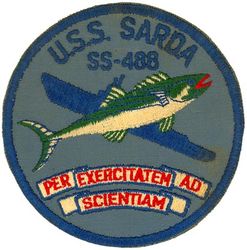 SS-488 USS Sarda
Namesake. The 	Sarda, a genus of game fish
Builder	Portsmouth Naval Shipyard, Kittery, ME
Laid down. 12 Apr 1945
Launched. 24 Aug 1945
Commissioned. 19 Apr 1946
Decommissioned. 1 Jun 1964
Stricken. 1 Jun 1964
Fate. Sold for scrap 14 May 1965
Class and type. Tench-class diesel-electric submarine
Displacement:	
1,570 tons (1,595 t) surfaced 
2,414 tons (2,453 t) submerged 
Length. 311 ft 8 in (95.00 m) 
Beam. 27 ft 4 in (8.33 m) 
Draft. 17 ft (5.2 m) maximum 
Propulsion:	
4 × Fairbanks-Morse Model 38D8-⅛ 10-cylinder opposed piston diesel engines driving electrical generators
2 × 126-cell Sargo batteries
2 × low-speed direct-drive Elliott electric motors
two propellers 
5,400 shp (4.0 MW) surfaced
2,740 shp (2.0 MW) submerged
Speed. 20.25 knots (38 km/h) surfaced; 8.75 knots (16 km/h) submerged 
Range. 11,000 nautical miles (20,000 km) surfaced at 10 knots (19 km/h) 
Endurance. 48 hours at 2 knots (3.7 km/h) submerged; 75 days on patrol
Test depth. 400 ft (120 m) 
Complement. 10 officers, 71 enlisted 
Armament:	
10 × 21-inch (533 mm) torpedo tubes, 6 forward, 4 aft)
28 torpedoes
1 × 5-inch (127 mm) / 25 caliber deck gun
Bofors 40 mm and Oerlikon 20 mm cannon

