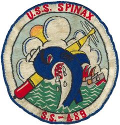 SS-489 USS Spinax
Namesake. The spinax, one of the spiny sharks (dogfish sharks) scientifically known as Squalidal
Builder. Portsmouth Naval Shipyard, Kittery, ME
Laid down. 14 May 1945
Launched. 20 Nov 1945
Commissioned. 20 Sep 1946
Decommissioned. 11 Oct 1969
Stricken	. 11 Oct 1969
Fate. Sold for scrap, 13 Jun 1972
Class and type. Tench-class diesel-electric submarine
Displacement:	
1,570 tons (1,595 t) surfaced 
2,414 tons (2,453 t) submerged 
Length. 311 ft 8 in (95.00 m) 
Beam. 27 ft 4 in (8.33 m) 
Draft. 17 ft (5.2 m) maximum 
Propulsion:	
4 × Fairbanks-Morse Model 38D8-⅛ 10-cylinder opposed piston diesel engines driving electrical generators
2 × 126-cell Sargo batteries
2 × low-speed direct-drive Elliott electric motors
two propellers 
5,400 shp (4.0 MW) surfaced
2,740 shp (2.0 MW) submerged
Speed. 20.25 knots (38 km/h) surfaced; 8.75 knots (16 km/h) submerged 
Range. 11,000 nautical miles (20,000 km) surfaced at 10 knots (19 km/h) 
Endurance. 48 hours at 2 knots (3.7 km/h) submerged; 75 days on patrol
Test depth. 400 ft (120 m) 
Complement. 10 officers, 71 enlisted 
Armament:	
10 × 21-inch (533 mm) torpedo tubes, 6 forward, 4 aft)
28 torpedoes
1 × 5-inch (127 mm) / 25 caliber deck gun
Bofors 40 mm and Oerlikon 20 mm cannon

