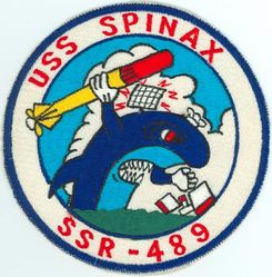 SSR-489 USS Spinax
Namesake. The spinax, one of the spiny sharks (dogfish sharks) scientifically known as Squalidal
Builder. Portsmouth Naval Shipyard, Kittery, ME
Laid down. 14 May 1945
Launched. 20 Nov 1945
Commissioned. 20 Sep 1946
Decommissioned. 11 Oct 1969
Stricken	. 11 Oct 1969
Fate. Sold for scrap, 13 Jun 1972
Class and type. Tench-class diesel-electric submarine
Displacement:	
1,570 tons (1,595 t) surfaced 
2,414 tons (2,453 t) submerged 
Length. 311 ft 8 in (95.00 m) 
Beam. 27 ft 4 in (8.33 m) 
Draft. 17 ft (5.2 m) maximum 
Propulsion:	
4 × Fairbanks-Morse Model 38D8-⅛ 10-cylinder opposed piston diesel engines driving electrical generators
2 × 126-cell Sargo batteries
2 × low-speed direct-drive Elliott electric motors
two propellers 
5,400 shp (4.0 MW) surfaced
2,740 shp (2.0 MW) submerged
Speed. 20.25 knots (38 km/h) surfaced; 8.75 knots (16 km/h) submerged 
Range. 11,000 nautical miles (20,000 km) surfaced at 10 knots (19 km/h) 
Endurance. 48 hours at 2 knots (3.7 km/h) submerged; 75 days on patrol
Test depth. 400 ft (120 m) 
Complement. 10 officers, 71 enlisted 
Armament:	
10 × 21-inch (533 mm) torpedo tubes, 6 forward, 4 aft)
28 torpedoes
1 × 5-inch (127 mm) / 25 caliber deck gun
Bofors 40 mm and Oerlikon 20 mm cannon

