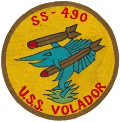SS-490 USS Volador 
Namesake. The Volador, or California flying fish (Cheilopogon pinnatibarbatus californicus)
Builder. Portsmouth Naval Shipyard, Kittery, ME
Laid down. 15 Jun 1945
Launched. 21 May 1948
Commissioned. 1 Oct 1948
Decommissioned. 18 Aug 1972
Stricken	. 5 Dec 1977
Fate. Transferred to Italy, 18 Aug 1972; sold to Italy 5 Dec 1977

General characteristics (Completed as GUPPY II)
Class and type. Tench-class diesel-electric submarine
Displacement:	
1,870 tons (1,900 t) surfaced
2,440 tons (2,480 t) submerged
Length. 307 ft (94 m)
Beam. 27 ft 4 in (8.33 m)
Draft. 17 ft (5.2 m)
Propulsion:	
4 × Fairbanks-Morse Model 38D8-⅛ 10-cylinder opposed piston diesel engines, equipped with a snorkel, driving electrical generators
1 × 184 cell, 1 × 68 cell, and 2 × 126 cell GUPPY-type batteries (total 504 cells)
2 × low-speed direct-drive Elliott electric motors
two propellers
Speed. 18.0 knots (33.3 km/h) maximum, 13.5 knots (25.0 km/h) cruising (Surfaced): 16.0 knots (29.6 km/h) for ½ hour, 9.0 knots (16.7 km/h) snorkeling, 3.5 knots (6.5 km/h) cruising (Submerged)
Range. 15,000 nm (28,000 km) surfaced at 11 knots (20 km/h)
Endurance. 48 hours at 4 knots (7 km/h) submerged
Test depth. 400 ft (120 m)
Complement. 9–10 officers, 5 Chief Petty Officers, 70 enlisted men
Sensors and processing systems:	
WFA active sonar
JT passive sonar
Mk 106 torpedo fire control system
Armament:	
10 × 21-inch (533 mm) torpedo tubes  (six forward, four aft)

General characteristics (Guppy III)
Displacement:	
1,975 tons (2,007 t) surfaced
2,450 tons (2,489 t) submerged
Length. 	321 ft (97.8 m)
Beam. 27 ft 4 in (7.4 m)
Draft. 17 ft (5.2 m)
Speed. 17.2 knots (31.9 km/h) maximum, 12.2 knots (22.6 km/h) cruising (Surfaced); 14.5 knots (26.9 km/h) for ½ hour, 6.2 knots (11.5 km/h) snorkeling, 3.7 knots (6.9 km/h) cruising (Submerged)
Range. 15,900 nm (29,400 km) surfaced at 8.5 knots (16 km/h)
Endurance. 36 hours at 3 knots (6 km/h) submerged
Complement. 8–10 officers, 5 petty officers, 70–80 enlisted men
Sensors and processing systems:
BQS-4 active search sonar
BQR-2B passive search sonar
BQG-4 passive attack sonar

