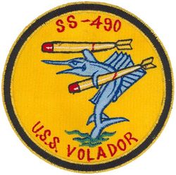 SS-490 USS Volador 
Namesake. The Volador, or California flying fish (Cheilopogon pinnatibarbatus californicus)
Builder. Portsmouth Naval Shipyard, Kittery, ME
Laid down. 15 Jun 1945
Launched. 21 May 1948
Commissioned. 1 Oct 1948
Decommissioned. 18 Aug 1972
Stricken	. 5 Dec 1977
Fate. Transferred to Italy, 18 Aug 1972; sold to Italy 5 Dec 1977

General characteristics (Completed as GUPPY II)
Class and type. Tench-class diesel-electric submarine
Displacement:	
1,870 tons (1,900 t) surfaced
2,440 tons (2,480 t) submerged
Length. 307 ft (94 m)
Beam. 27 ft 4 in (8.33 m)
Draft. 17 ft (5.2 m)
Propulsion:	
4 × Fairbanks-Morse Model 38D8-⅛ 10-cylinder opposed piston diesel engines, equipped with a snorkel, driving electrical generators
1 × 184 cell, 1 × 68 cell, and 2 × 126 cell GUPPY-type batteries (total 504 cells)
2 × low-speed direct-drive Elliott electric motors
two propellers
Speed. 18.0 knots (33.3 km/h) maximum, 13.5 knots (25.0 km/h) cruising (Surfaced): 16.0 knots (29.6 km/h) for ½ hour, 9.0 knots (16.7 km/h) snorkeling, 3.5 knots (6.5 km/h) cruising (Submerged)
Range. 15,000 nm (28,000 km) surfaced at 11 knots (20 km/h)
Endurance. 48 hours at 4 knots (7 km/h) submerged
Test depth. 400 ft (120 m)
Complement. 9–10 officers, 5 Chief Petty Officers, 70 enlisted men
Sensors and processing systems:	
WFA active sonar
JT passive sonar
Mk 106 torpedo fire control system
Armament:	
10 × 21-inch (533 mm) torpedo tubes  (six forward, four aft)

General characteristics (Guppy III)
Displacement:	
1,975 tons (2,007 t) surfaced
2,450 tons (2,489 t) submerged
Length. 	321 ft (97.8 m)
Beam. 27 ft 4 in (7.4 m)
Draft. 17 ft (5.2 m)
Speed. 17.2 knots (31.9 km/h) maximum, 12.2 knots (22.6 km/h) cruising (Surfaced); 14.5 knots (26.9 km/h) for ½ hour, 6.2 knots (11.5 km/h) snorkeling, 3.7 knots (6.9 km/h) cruising (Submerged)
Range. 15,900 nm (29,400 km) surfaced at 8.5 knots (16 km/h)
Endurance. 36 hours at 3 knots (6 km/h) submerged
Complement. 8–10 officers, 5 petty officers, 70–80 enlisted men
Sensors and processing systems:
BQS-4 active search sonar
BQR-2B passive search sonar
BQG-4 passive attack sonar


