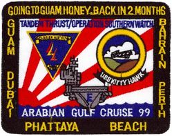 Carrier Air Wing 5 (CVW-5) Arabian Gulf Cruise 1999
Established as Carrier Air Group FIVE (CVG-5) on 15 Feb 1943. Redesignated Attack Carrier Air Group FIVE (CVAG-5) on 15 Nov 1946; Carrier Air Group FIVE (CVG-5) on 1 Sep 1948; Carrier Air Wing FIVE (CVW-5) on 20 Dec 1963-.

11 Oct 1999-25 Aug 1999 Kitty Hawk (CV-63), Western Pacific/Indian Ocean/Arabian Gulf

Squadrons: Fighter Squadron ONE FIFTY FOUR (VF-154)(F-14A), Strike Fighter Squadron TWO SEVEN (VFA-27)(F/A-18C), Strike Fighter Squadron ONE NINE TWO (VFA-192)(F/A-18C), Strike Fighter Squadron ONE NINE FIVE (VFA-195)(F/A-18C), Tactical Electronic Warfare Squadron ONE THREE SIX (VAQ-136) (EA-6B), Carrier Airborne Early Warning Squadron ONE ONE FIVE (VAW-115)(E-2C), Sea Control Squadron TWO ONE (VS-21) (S-3B) & Helicopter Anti-Submarine Squadron FOURTEEN (HS-14) (HH/SH-60H/F).

