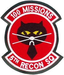5th Reconnaissance Squadron 100 Missions
Organized as 5 Aero Squadron on 5 May 1917. Redesignated as Squadron A, Souther Field, GA, on 15 Jul 1918. Demobilized on 11 Nov 1918. Reconstituted, and consolidated (1924) with 5 Aero Squadron, which was organized on 24 Oct 1919.  Redesignated as: 5 Squadron (Observation) on 14 Mar 1921; 5 Observation Squadron on 25 Jan 1923; 5 Bombardment Squadron on 1 Mar 1935; 5 Bombardment Squadron (Medium) on 6 Dec 1939; 5 Bombardment Squadron (Heavy) on 20 Nov 1940; 5 Bombardment Squadron, Very Heavy, on 28 Mar 1944.  Inactivated on 20 Oct 1948.  Redesignated as 5 Strategic Reconnaissance Squadron, Photographic, and activated, on 1 May 1949.  Redesignated as: 5 Bombardment Squadron, Heavy, on 1 Apr 1950; 5 Bombardment Squadron, Medium, on 2 Oct 1950.   Discontinued, and inactivated, on 25 Jun 1966.  Redesignated as 5 Strategic Reconnaissance Training Squadron on 12 Feb 1986. Activated on 1 Jul 1986.  Inactivated on 30 Jun 1990.  Redesignated as 5 Reconnaissance Squadron on 21 Sep 1994. Activated on 1 Oct 1994.
