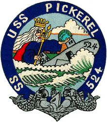 SS-524 USS Pickerel
Namesake. The Pickerel any of several North American pikes, family Esocidae
Builder. Portsmouth Naval Shipyard, Kittery, ME
Laid down. 8 Feb 1944
Launched. 15 Dec 1944
Commissioned. 4 Apr 1949
Decommissioned. 18 Aug 1972
Stricken. 5 Dec 1977
Fate. Transferred to Italy, 18 Aug 1972
Class and type. Tench-class diesel-electric submarine
Displacement:	
1,870 tons (1,900 t) surfaced
2,440 tons (2,480 t) submerged
Length. 322.2 ft (98.2 m)
Beam. 27 ft 4 in (8.33 m)
Draft. 17 ft (5.2 m)
Propulsion:	
4 × Fairbanks-Morse Model 38D8-⅛ 10-cylinder opposed piston diesel engines, equipped with a snorkel, driving electrical generators
1 × 184 cell, 1 × 68 cell, and 2 × 126 cell GUPPY-type batteries (total 504 cells)
2 × low-speed direct-drive Westinghouse electric motors
two propellers
Speed. 
18.0 knots (33.3 km/h) maximum, 13.5 knots (25.0 km/h) cruising (Surfaced); 16.0 knots (29.6 km/h) for ½ hour, 9.0 knots (16.7 km/h) snorkeling, 3.5 knots (6.5 km/h) cruising (Submerged)
Range. 15,000 nm (28,000 km) surfaced at 11 knots (20 km/h)
Endurance. 48 hours at 4 knots (7 km/h) submerged
Test depth. 400 ft (120 m)
Complement. 9–10 officers, 5 petty officers, 70 enlisted men
Sensors and processing systems:
WFA active sonar
JT passive sonar
Mk 106 torpedo fire control system
Armament:	
10 × 21 inch (533 mm) torpedo tubes
 (six forward, four aft)

