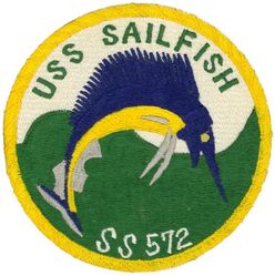 SS-572 USS Sailfish
Namesake. Sailfish, marine fish in the genus Istiophorus, which belong to Istiophoridae (marlins)
Ordered. 10 Mar 1951
Builder. Portsmouth Naval Shipyard, Kittery, ME
Laid down. 8 Dec 1953
Launched. 8 Sep 1955
Commissioned. 14 Apr 1956, as SSR-572
Decommissioned. 29 Sep 1978
Reclassified. SS-572 (Attack submarine), 3 Feb 1961
Stricken	. 30 Sep 1978
Fate. Sunk as target, May 2007
Class and type. Sailfish-class submarine
Displacement:	
2,030 long tons (2,063 t) light
2,334 long tons (2,371 t) surfaced
3,168 long tons (3,219 t) submerged
Length. 350 ft (110 m)
Beam. 29 ft 1 in (8.86 m)
Draft. 16 ft 4 in (5 m)
Propulsion. Diesel-electric, 2 screws
Speed. 20.5 knots (38.0 km/h; 23.6 mph) surfaced; 15 knots (28 km/h; 17 mph) submerged
Complement. 95 officers and men
Armament. 6 × 21 inch (533 mm) torpedo tubes

