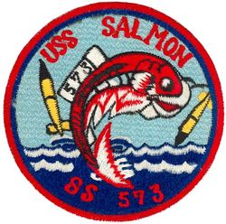 SS-573 USS Salmon
Namesake. Salmon, species of euryhaline ray-finned fish from the genera Salmo and Oncorhynchus of the family Salmonidae
Awarded. 27 Feb 1952
Builder. Portsmouth Naval Shipyard, Kittery, ME
Laid down. 10 Mar 1954
Launched. 25 Feb 1956
Commissioned. 25 Aug 1956, as SSR-573
Decommissioned. 1 Oct 1977
Reclassified:	
SS-573 (Attack submarine), 1 Mar 1961
AGSS-573 (Auxiliary Research submarine), 1 Jun 1968
SS-573 (Attack submarine), 30 Jun 1969
Stricken. 1 Oct 1977
Fate. Sunk as a bottom target, 5 Jun 1993
Class and type. Sailfish-class submarine
Displacement:	
2,030 long tons (2,063 t) light
2,334 long tons (2,371 t) surfaced
3,168 long tons (3,219 t) submerged
Length. 350 ft (110 m)
Beam. 29 ft 1 in (8.86 m)
Draft. 16 ft 4 in (5 m)
Propulsion. Diesel-electric, 2 screws
Speed. 20.5 knots (38.0 km/h; 23.6 mph) surfaced; 15 knots (28 km/h; 17 mph) submerged
Complement. 95 officers and men
Armament. 6 × 21 inch (533 mm) torpedo tubes

