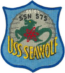 SSN-575 USS Seawolf
Namesake. Seawolf, a solitary fish with strong, prominent teeth and projecting tusks
Builder. General Dynamics Electric Boat, Groton, CT
Awarded. 21 Jul 1952
Laid down. 7 Sep 1953
Launched. 21 Jul 1955
Commissioned. 30 Mar 1957
Decommissioned. 30 Mar 1987
Stricken. 10 Jul 1987
Fate. Disposed of by submarine recycling 30 Sep 1997
Class and type. Seawolf Class nuclear Submarine
Displacement:	
3260 tons surfaced,
4150 tons submerged
Length. 337 ft (103 m) 387 ft post conversion
Beam.   28 ft (8.5 m)
Draft.   23 ft (7.0 m)
Propulsion. S2G, replaced by S2Wa in 1960, geared steam turbines, two shafts, approx. 15,000 shp (11,000 kW)
Speed. 23 knots (43 km/h) surfaced; 19 knots (35 km/h) submerged
Complement. 101 officers and men
Armament. 6 × 21-inch (533 mm) torpedo tubes

