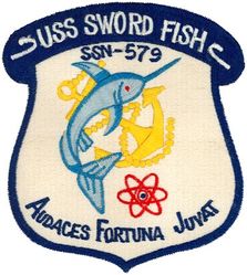 SSN-579 USS Swordfish 
Namesake. Swordfish (Xiphias gladius), a large, highly migratory predatory fish 
Builder. General Dynamics Electric Boat, Groton, CT
Ordered. 18 Jul 1955
Laid down. 21 Jul 1955
Launched. 16 May 1957
Commissioned. 	23 Dec 1957
Decommissioned. 12 Sep 1986
Stricken	. 30 Oct 1986
Fate. Disposed of by submarine recycling 6 Mar 1995
Class and type. Skate-class attack submarine
Displacement:	
2,550 long tons (2,590 t) surfaced
2,848 long tons (2,894 t) submerged
Length. 267 ft 7 in (81.56 m)
Beam. 25 ft (7.6 m)
Propulsion. S3W reactor
Speed. 15.5 knots (17.8 mph; 28.7 km/h) surfaced: 18 kn (21 mph; 33 km/h) submerged
Complement. 8 officers and 76 men
Armament. 8× 21 in (530 mm) torpedo tubes (6 forward, 2 aft)

